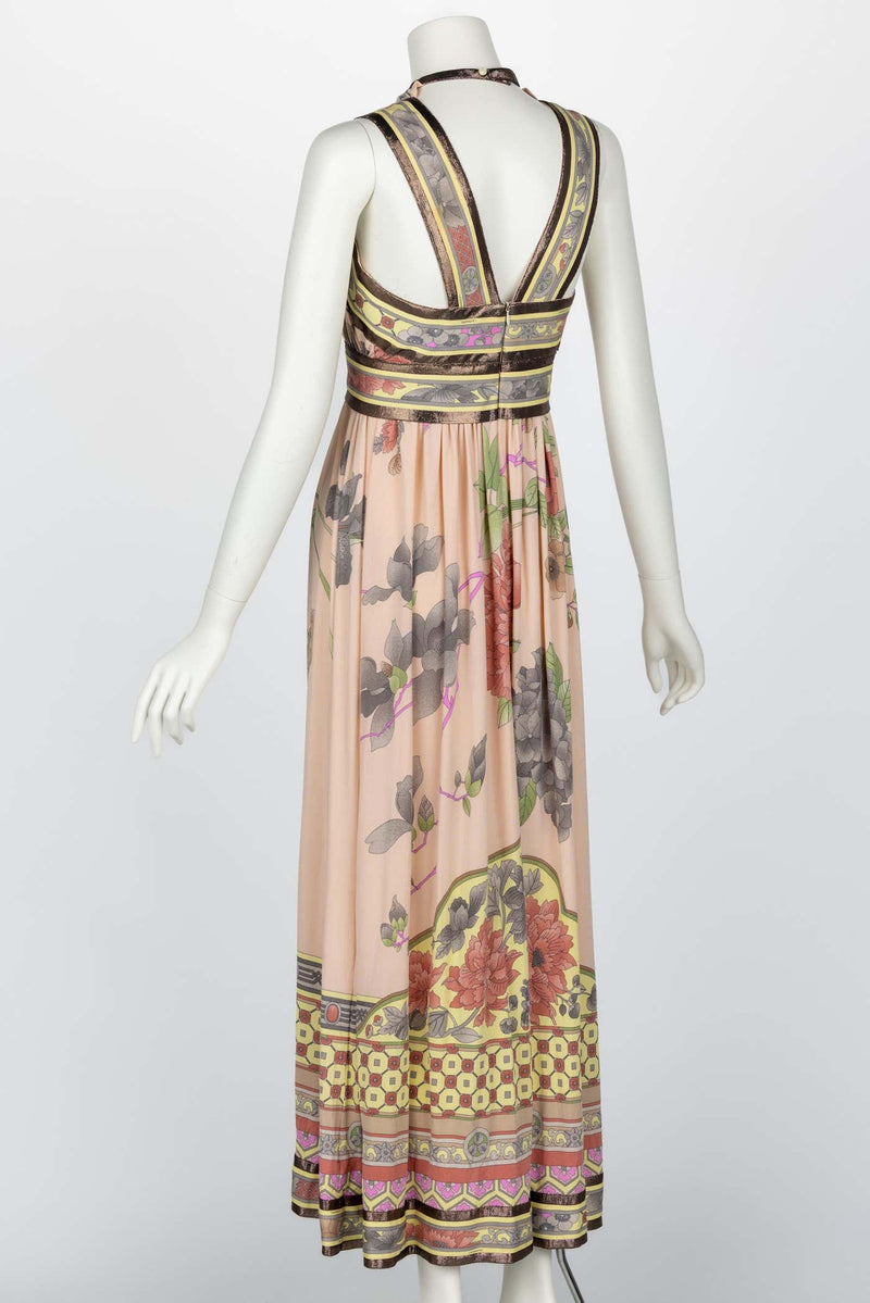 Leonard Paris Pink Mikado Floral Print Silk Metallic Trim Maxi Dress