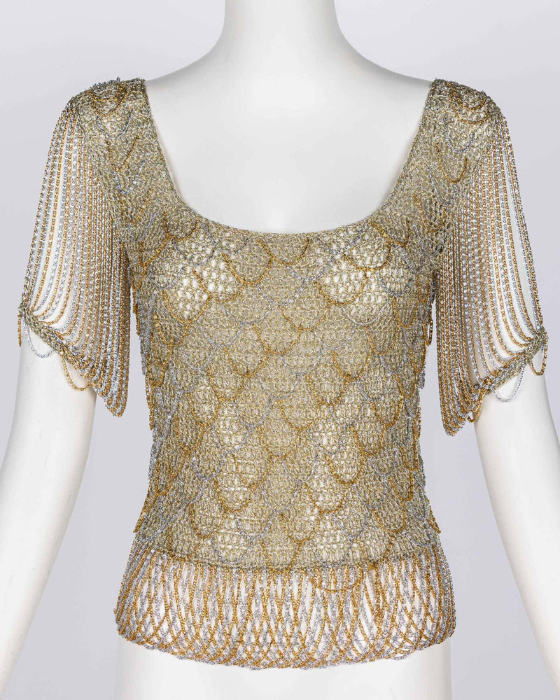 Loris Azzaro Gold Silver Crochet Chain Top, 1970s