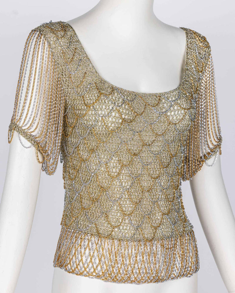 Loris Azzaro Gold Silver Crochet Chain Top, 1970s