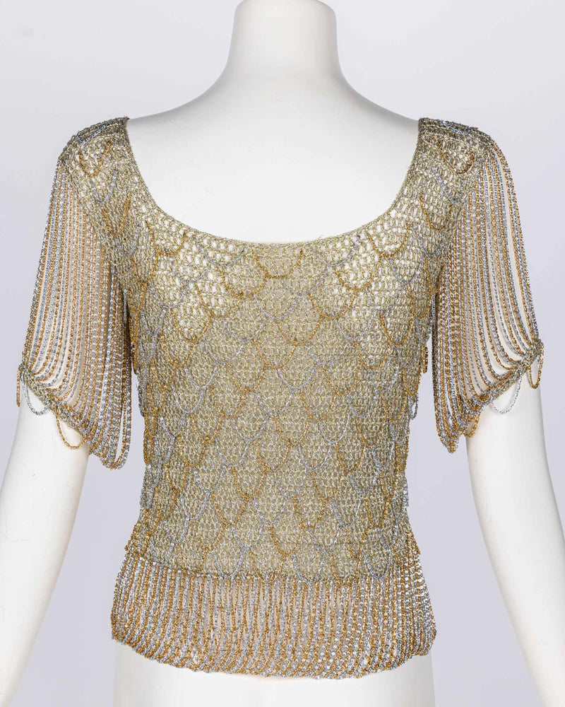 Loris Azzaro Gold Silver Crochet Chain Top, 1970s