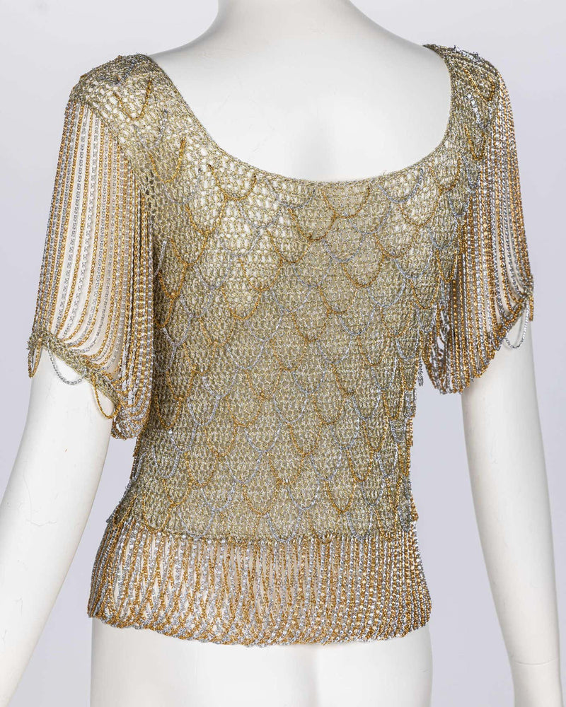 Loris Azzaro Gold Silver Crochet Chain Top, 1970s
