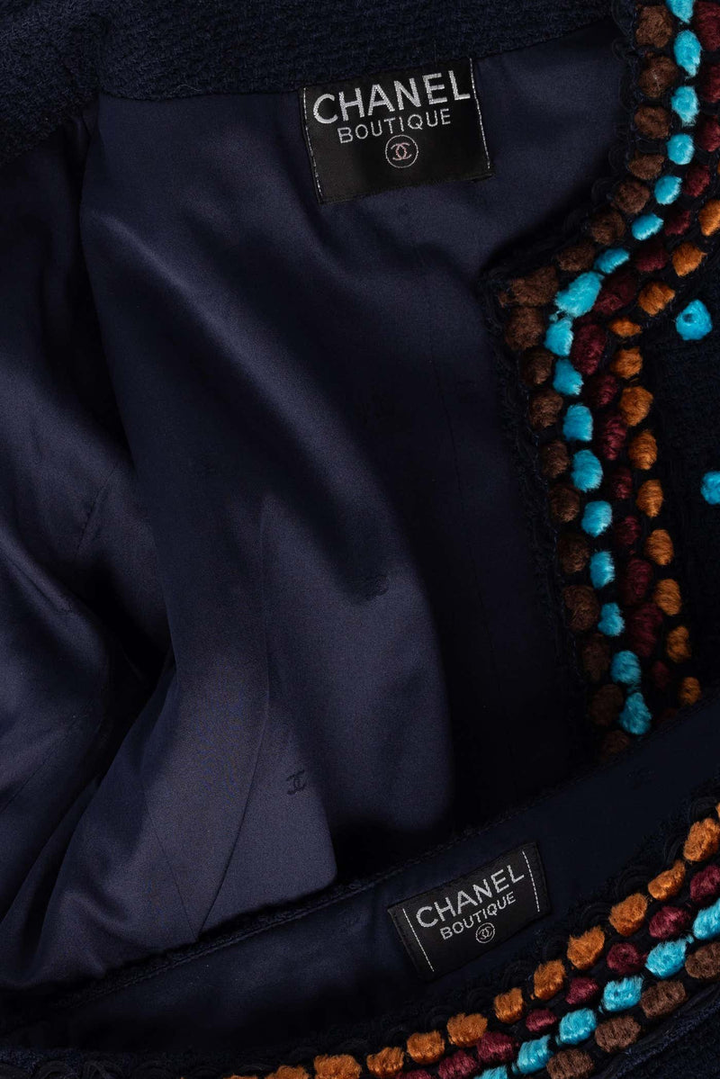 Chanel F/W 1997 Runway Navy Boucle Cropped Jacket Pants Suit