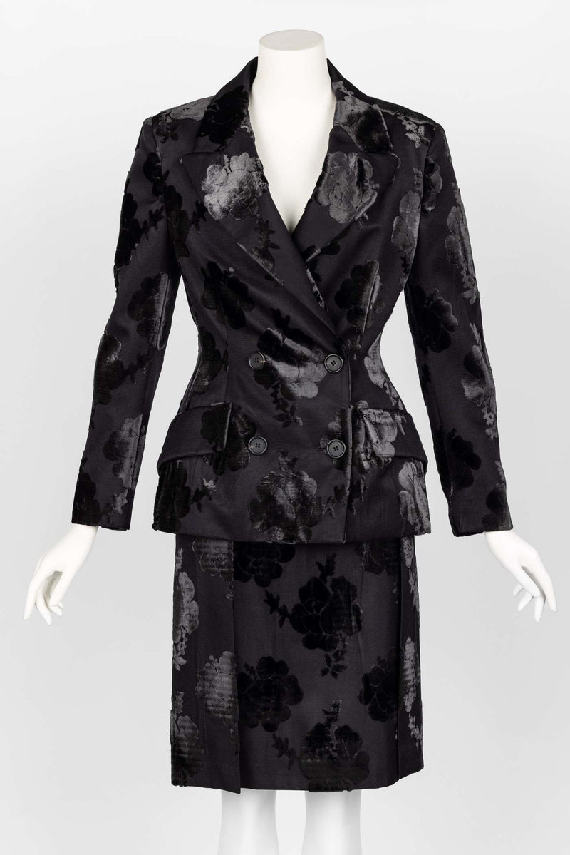 Prada F/W 2009 Runway Black Silk Velvet Floral Skirt Suit New W/Tags