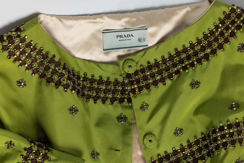 Prada F/W 2004 Green Silk Crystal Embellished Cropped Jacket Limited Edition