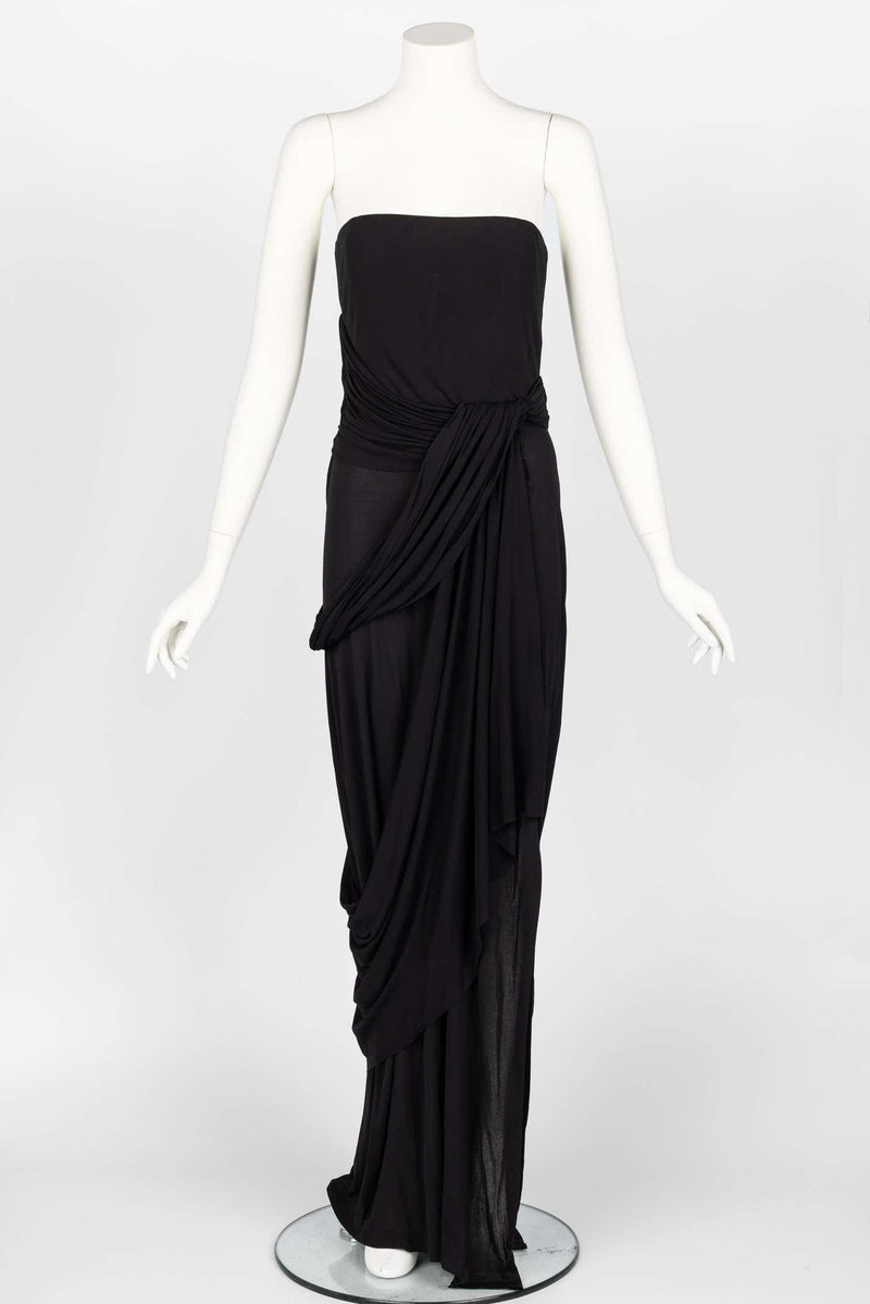 Bill Blass 1970s Black Strapless Draped Maxi Dress