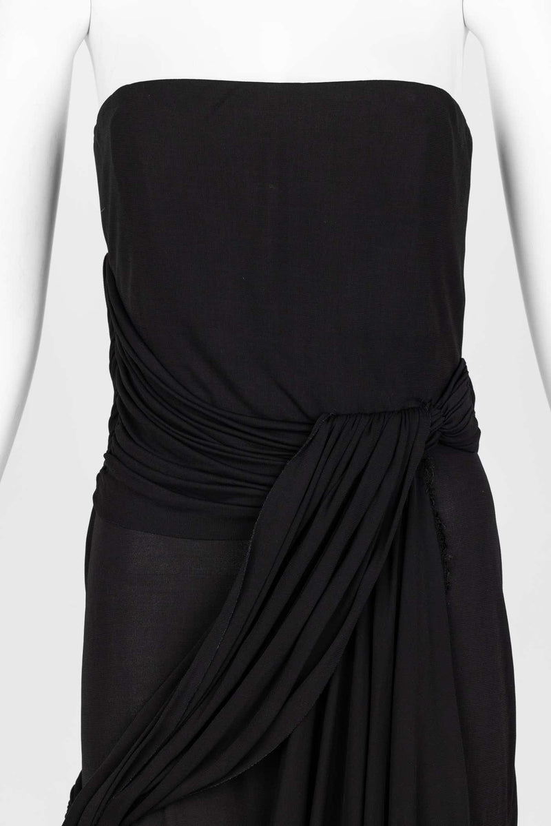 Bill Blass 1970s Black Strapless Draped Maxi Dress