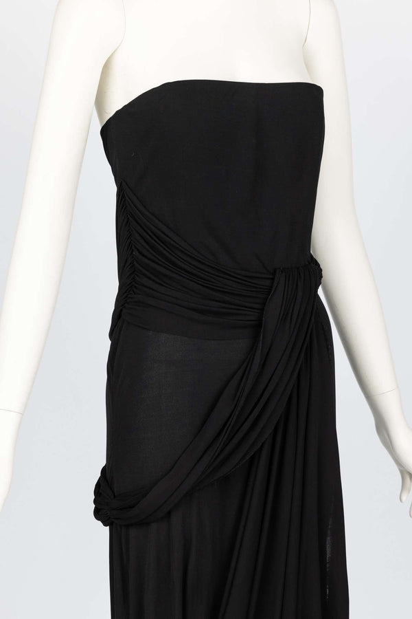 Bill Blass 1970s Black Strapless Draped Maxi Dress
