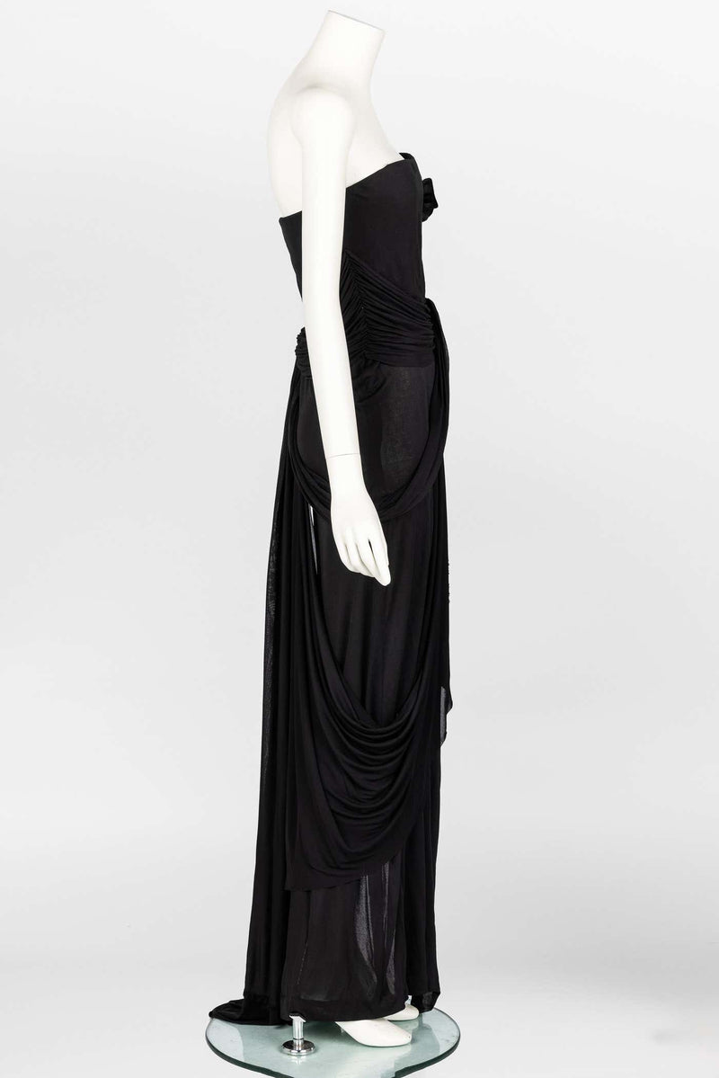 Bill Blass 1970s Black Strapless Draped Maxi Dress