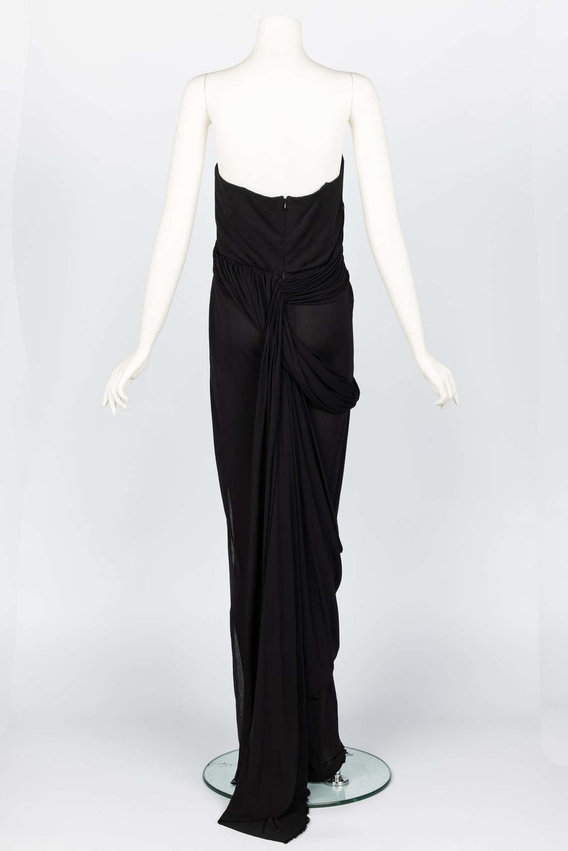 Bill Blass 1970s Black Strapless Draped Maxi Dress