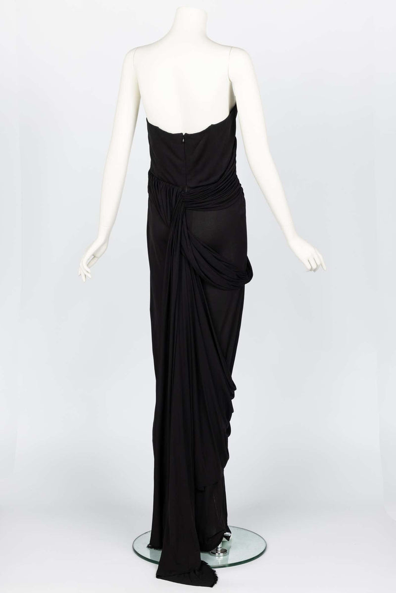 Bill Blass 1970s Black Strapless Draped Maxi Dress