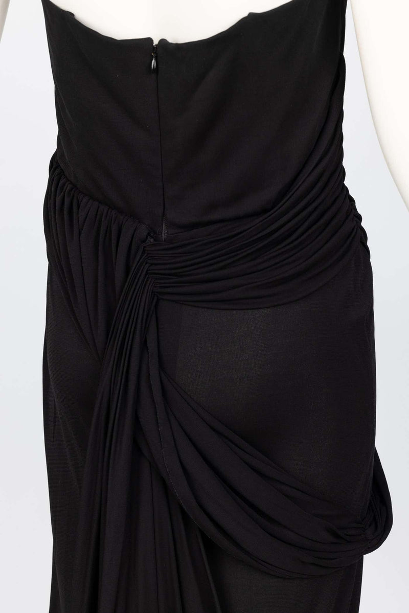 Bill Blass 1970s Black Strapless Draped Maxi Dress