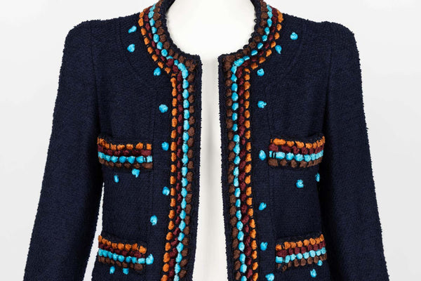 Chanel F/W 1997 Runway Navy Boucle Cropped Jacket Pants Suit