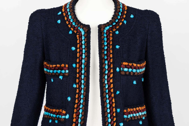 Chanel F/W 1997 Runway Navy Boucle Cropped Jacket Pants Suit