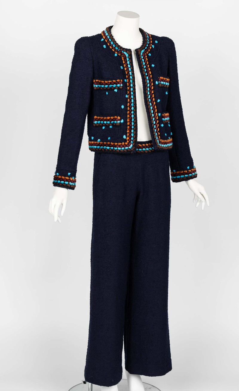 Chanel F/W 1997 Runway Navy Boucle Cropped Jacket Pants Suit