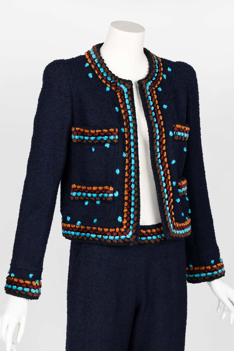 Chanel F/W 1997 Runway Navy Boucle Cropped Jacket Pants Suit