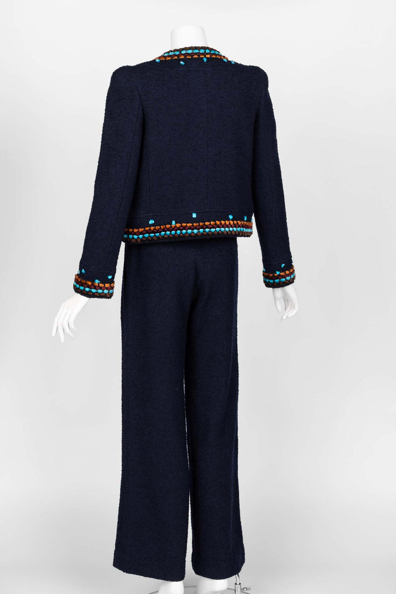 Chanel F/W 1997 Runway Navy Boucle Cropped Jacket Pants Suit