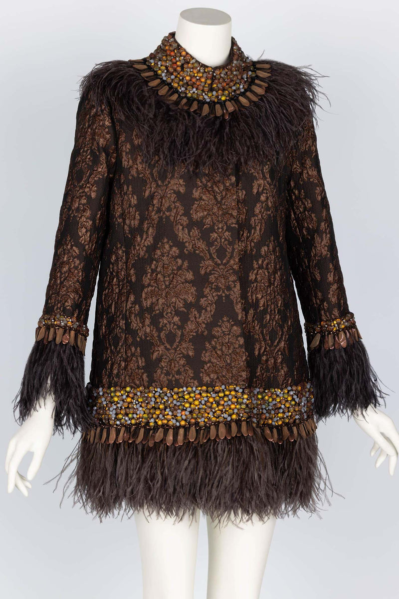 Andrew GN Brown Brocade Feather and Jewel Embellished Coat