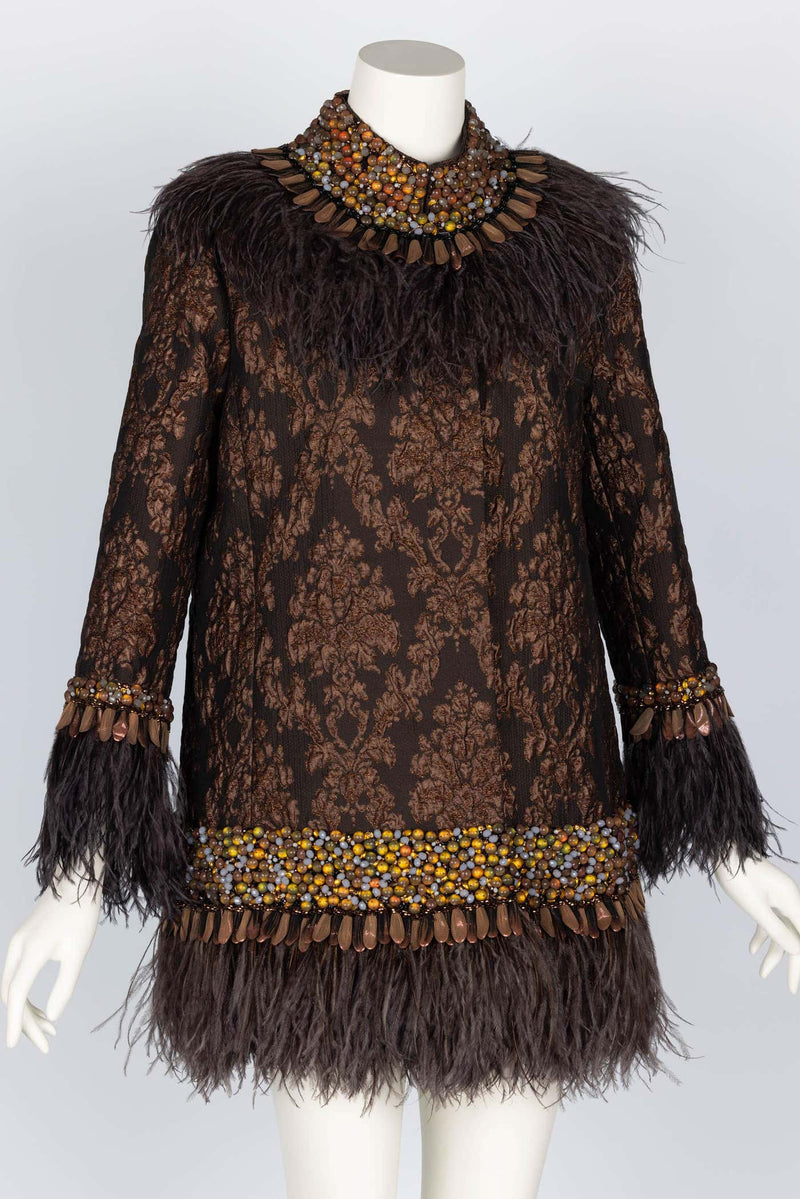 Andrew GN Brown Brocade Feather and Jewel Embellished Coat