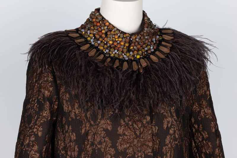Andrew GN Brown Brocade Feather and Jewel Embellished Coat