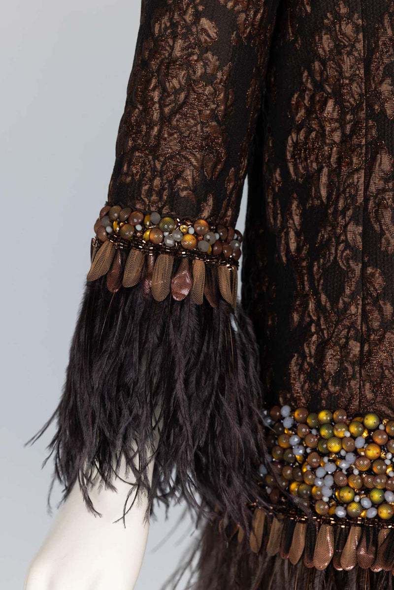 Andrew GN Brown Brocade Feather and Jewel Embellished Coat