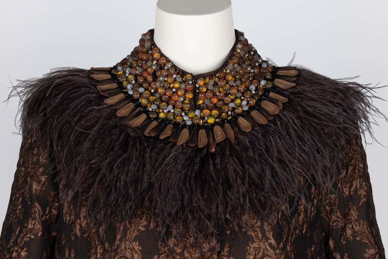 Andrew GN Brown Brocade Feather and Jewel Embellished Coat