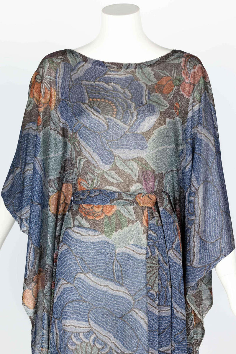 Iconic Missoni 1970s Floral Print Metallic Lurex Caftan Dress