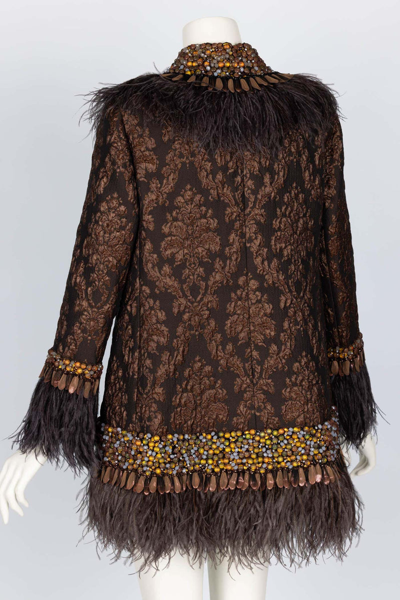 Andrew GN Brown Brocade Feather and Jewel Embellished Coat