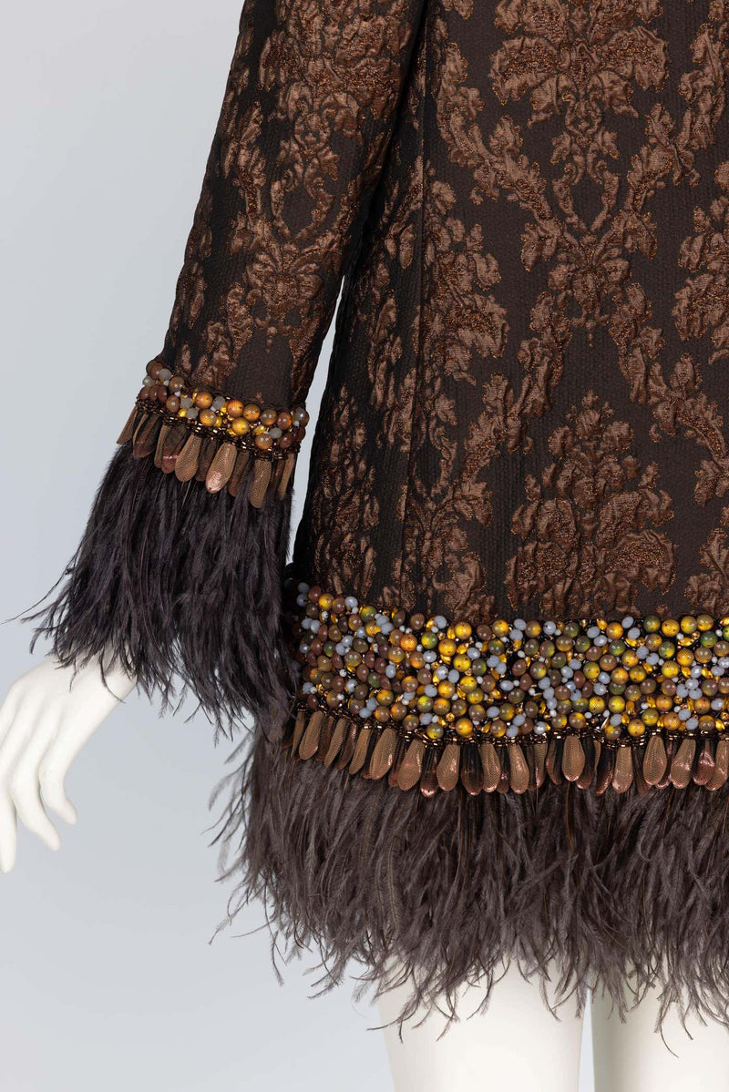 Andrew GN Brown Brocade Feather and Jewel Embellished Coat