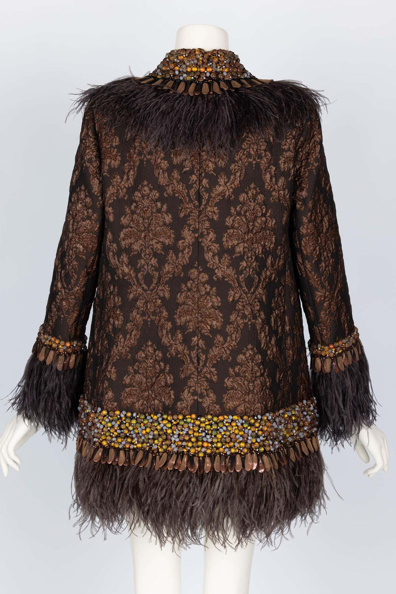 Andrew GN Brown Brocade Feather and Jewel Embellished Coat