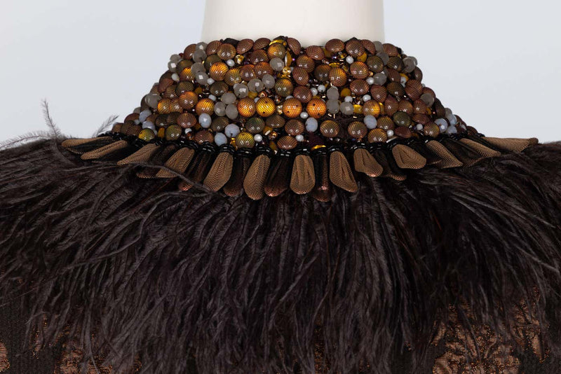 Andrew GN Brown Brocade Feather and Jewel Embellished Coat