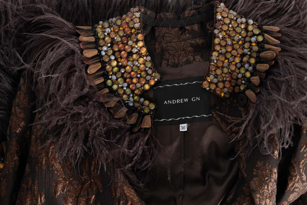 Andrew GN Brown Brocade Feather and Jewel Embellished Coat