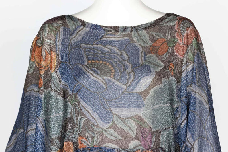 Iconic Missoni 1970s Floral Print Metallic Lurex Caftan Dress