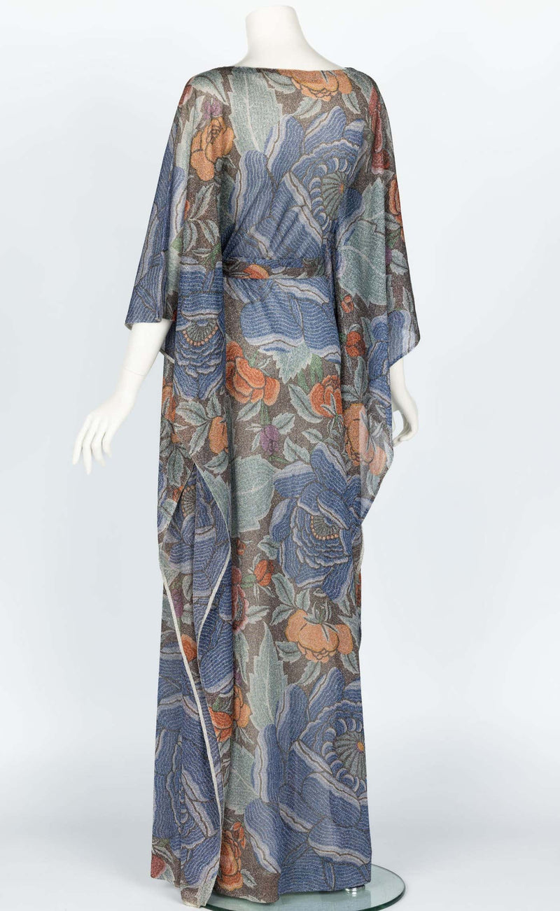Iconic Missoni 1970s Floral Print Metallic Lurex Caftan Dress