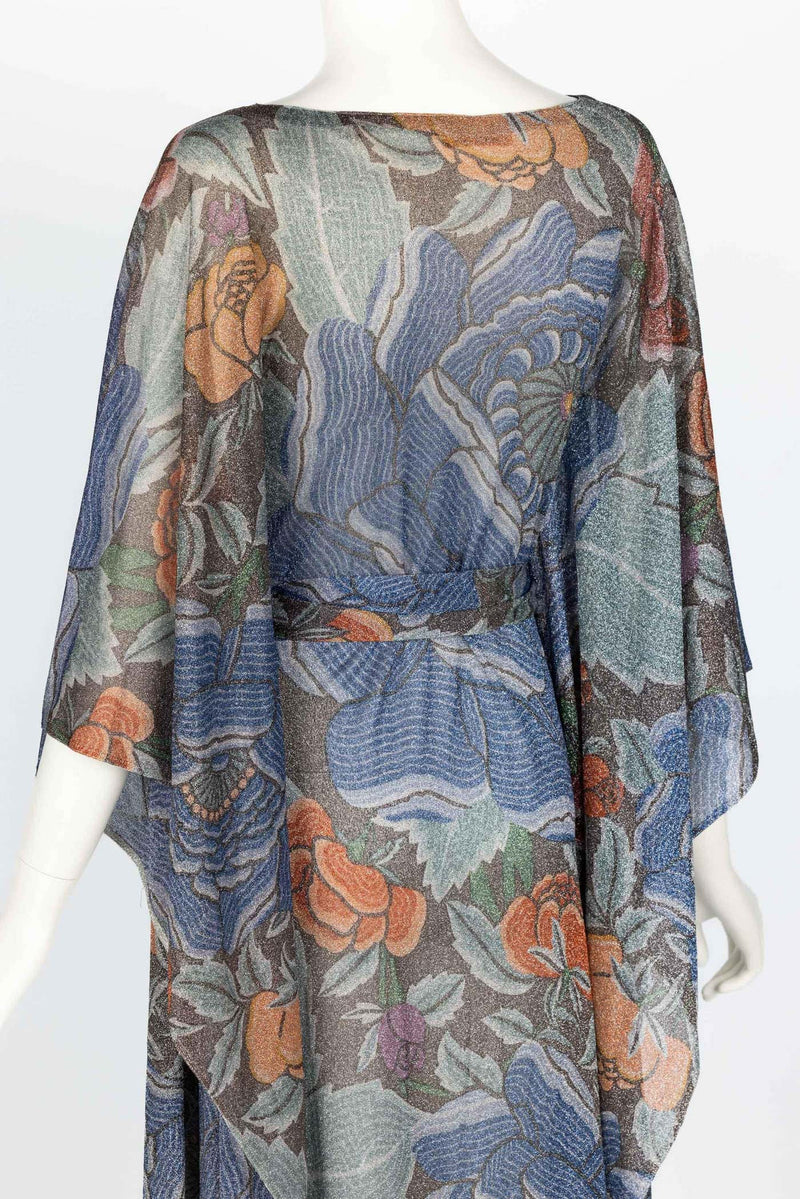 Iconic Missoni 1970s Floral Print Metallic Lurex Caftan Dress