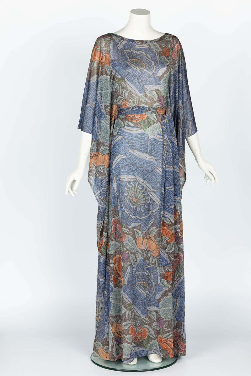 Iconic Missoni 1970s Floral Print Metallic Lurex Caftan Dress