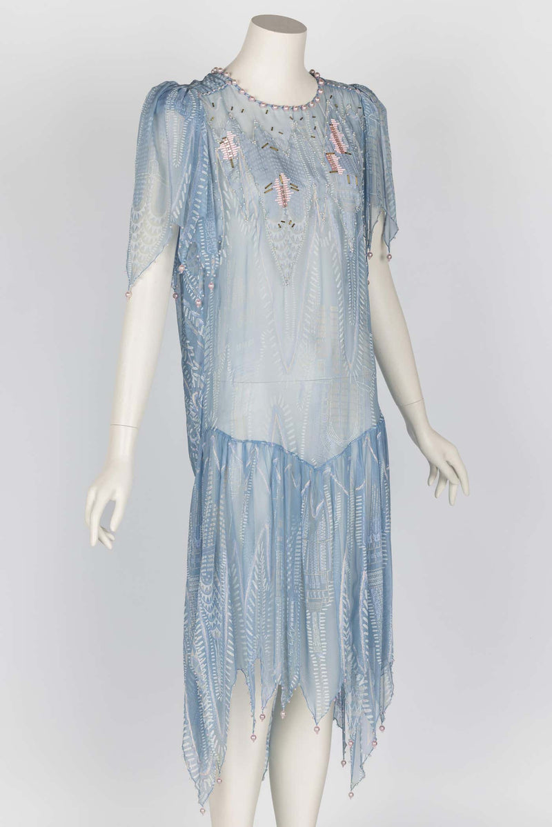 Zandra Rhodes Light Blue Hand Printed Sheer Silk Pearl Beaded Dress Museum Piece