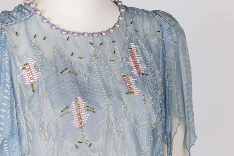 Zandra Rhodes Light Blue Hand Printed Sheer Silk Pearl Beaded Dress Museum Piece