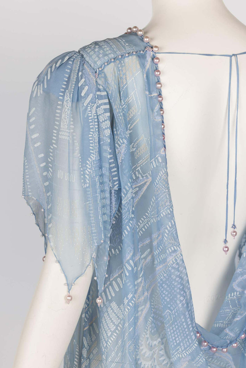Zandra Rhodes Light Blue Hand Printed Sheer Silk Pearl Beaded Dress Museum Piece