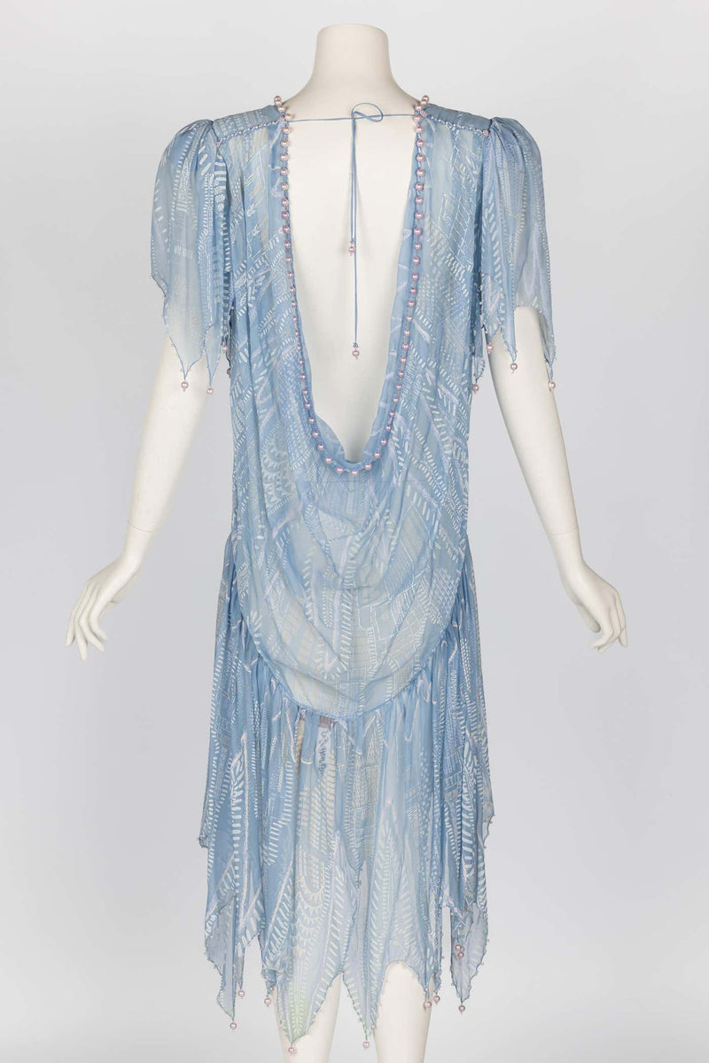 Zandra Rhodes Light Blue Hand Printed Sheer Silk Pearl Beaded Dress Museum Piece