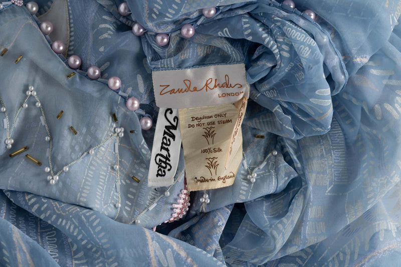 Zandra Rhodes Light Blue Hand Printed Sheer Silk Pearl Beaded Dress Museum Piece