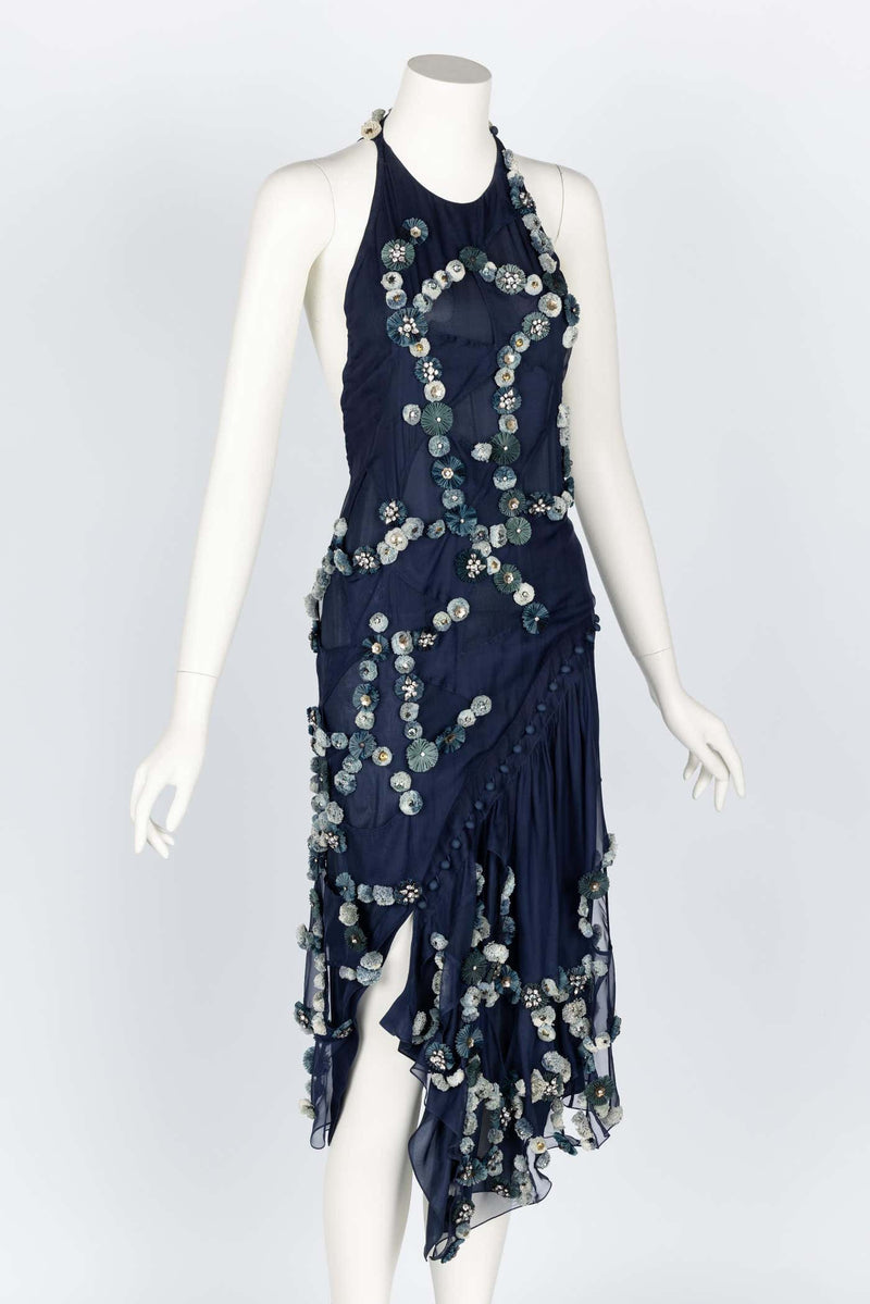 Chloe Blue Silk Embellished Halter Open Back Dress Runway F/W 2008 Basha Gold Chloe Blue Silk Embellished Halter Open Back Dress Runway F/W 2008 Basha Gold