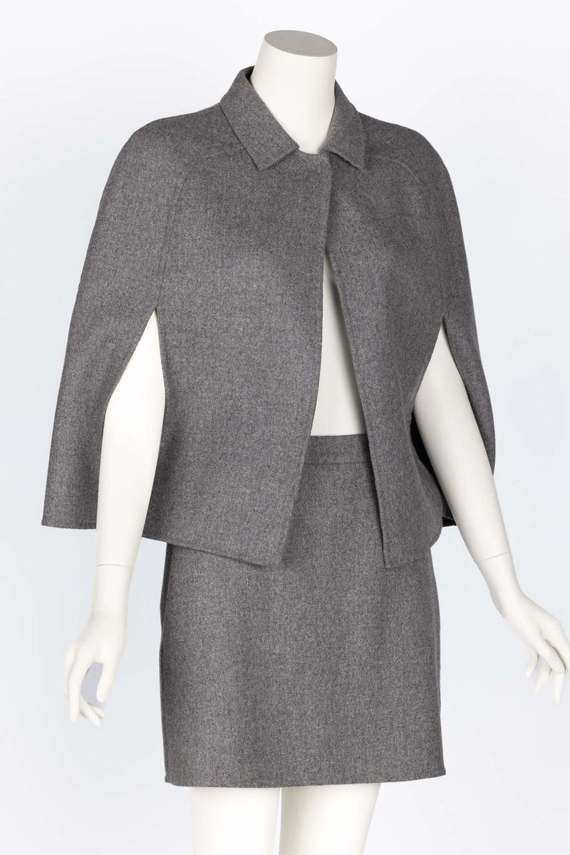 Valentino Grey Wool Angora Cape Mini Skirt Suit Set