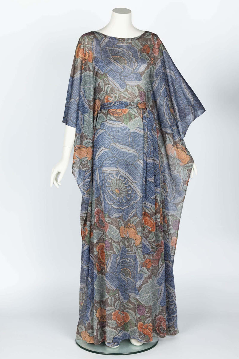 Iconic Missoni 1970s Floral Print Metallic Lurex Caftan Dress