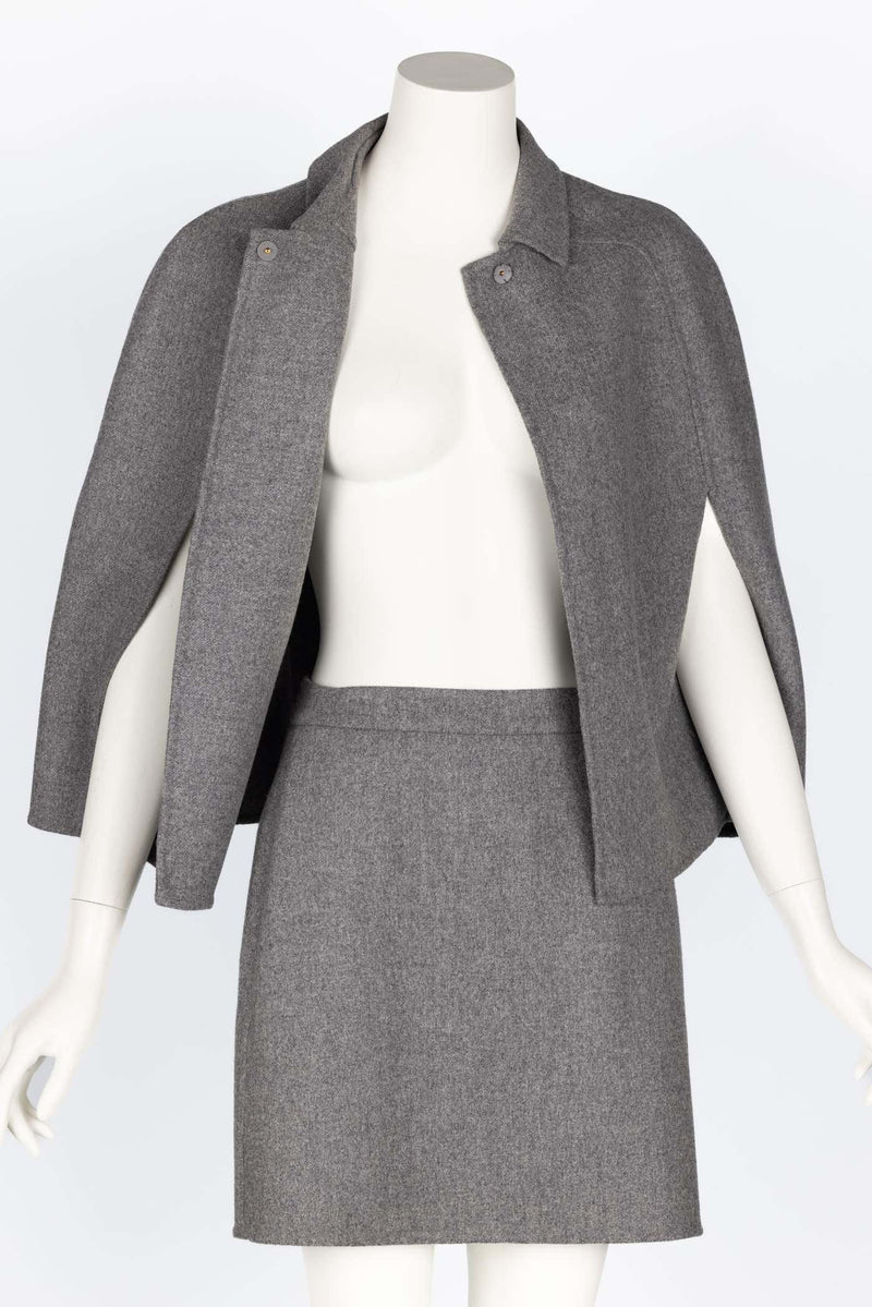 Valentino Grey Wool Angora Cape Mini Skirt Suit Set