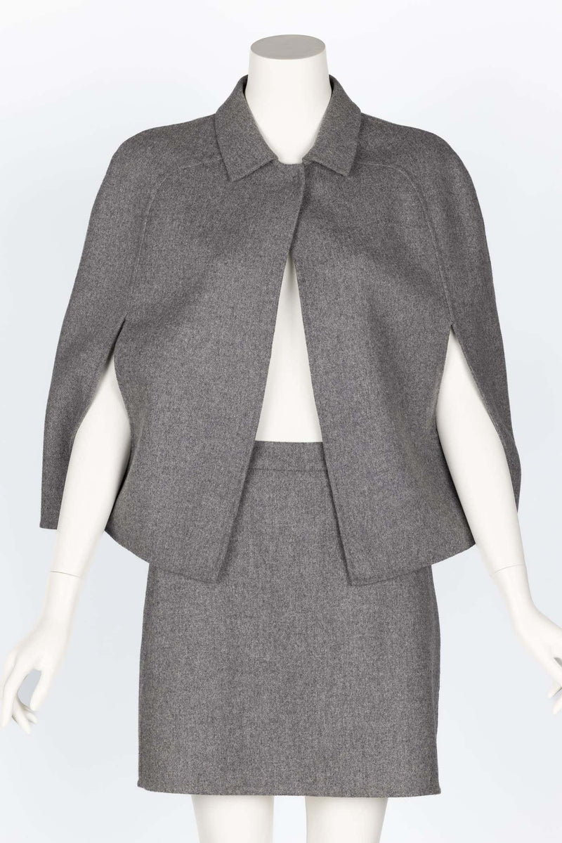 Valentino Grey Wool Angora Cape Mini Skirt Suit Set
