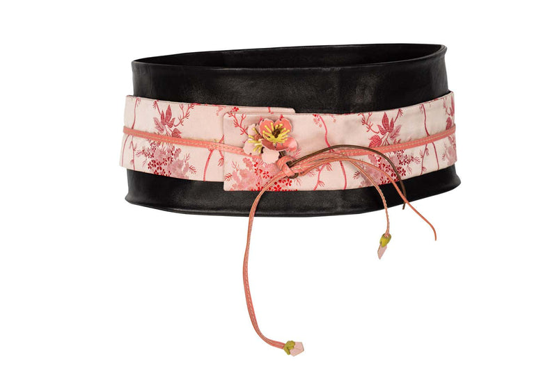 Prada Cherry Blossom Leather Silk Obi Kimono Belt 1990s