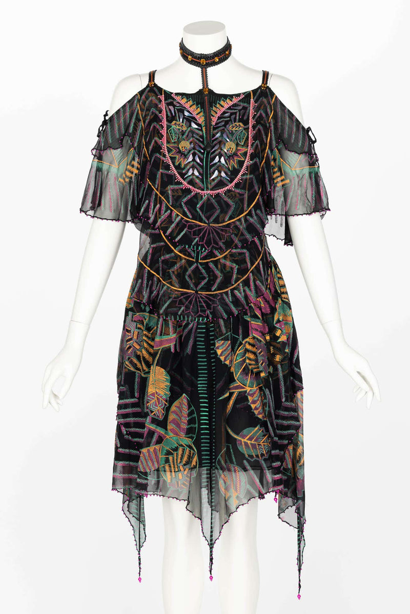 Zandra Rhodes Vintage Hand Painted Silk & Leather Halter Top & Skirt Set