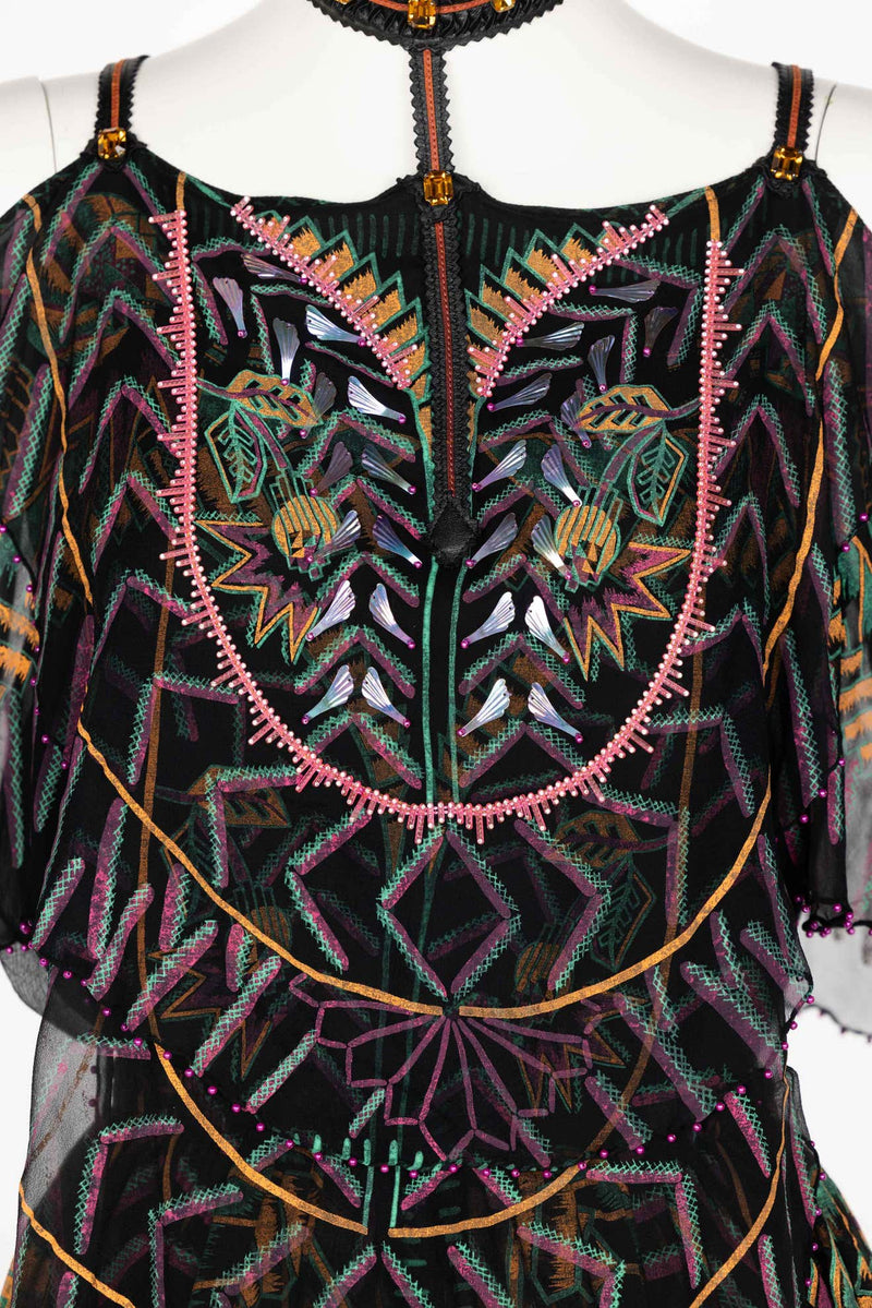 Zandra Rhodes Vintage Hand Painted Silk & Leather Halter Top & Skirt Set