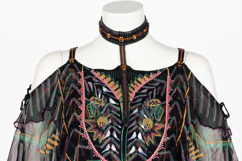 Zandra Rhodes Vintage Hand Painted Silk & Leather Halter Top & Skirt Set