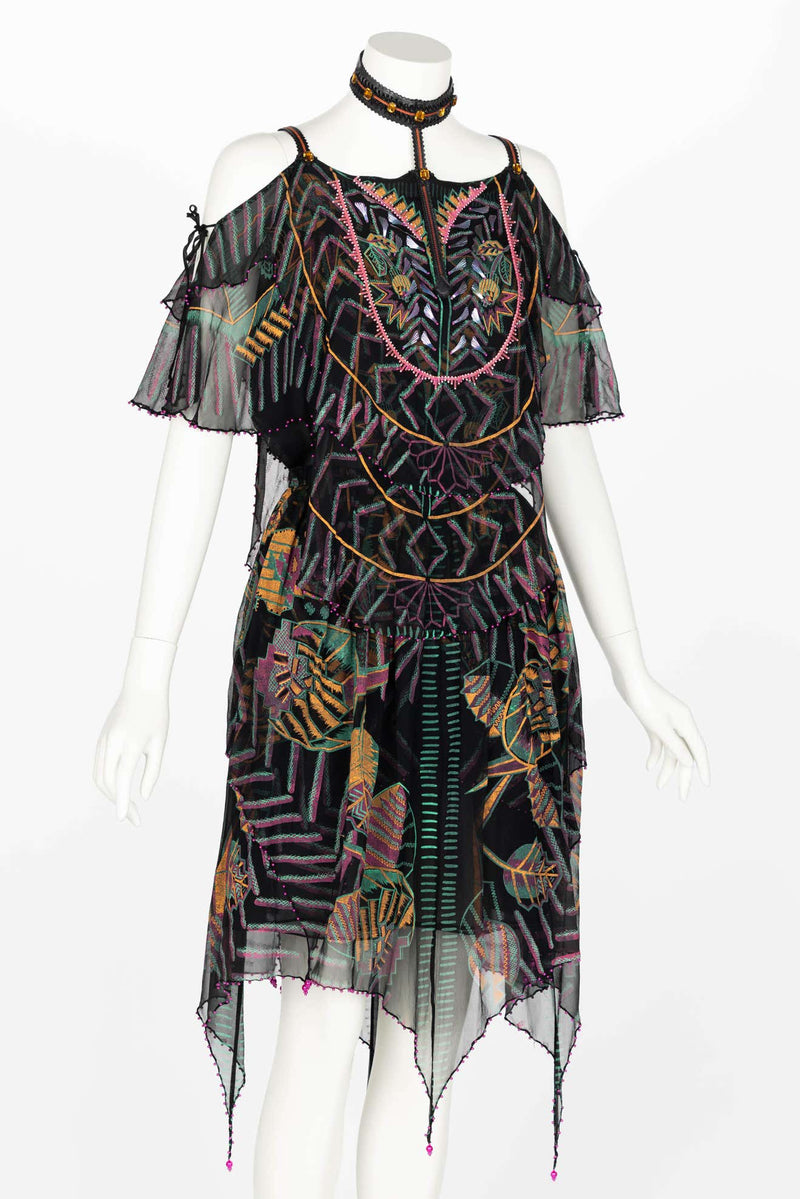 Zandra Rhodes Vintage Hand Painted Silk & Leather Halter Top & Skirt Set